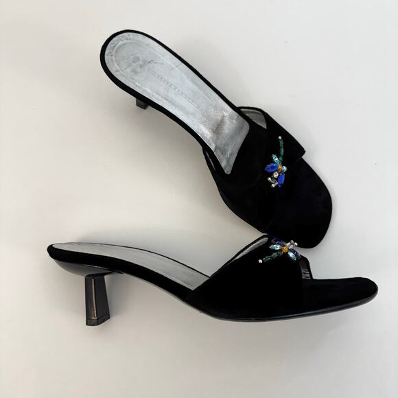 Giuseppe Zanotti Black Velvet Kitten Heels Crystal Dragonfly Slides Sandals 9B - Picture 2 of 11